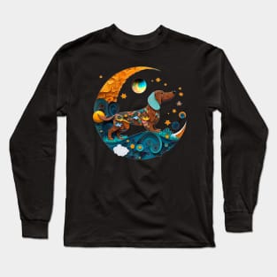 Dachshund Dog Fantasy Cute Crescent Moon Paper Quilling Digital Painting Long Sleeve T-Shirt